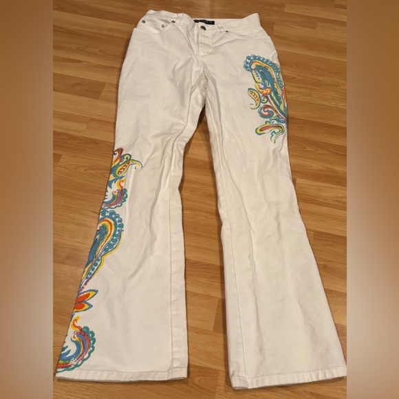 Ralph Lauren Pants - VTG‎ Ralph Lauren White Flare Pants with Colorful Paisley Embroidery